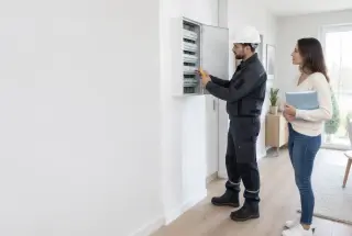 Électricien professionnel vérifiant un tableau électrique pendant qu’une cliente consulte un dossier de qualification.
