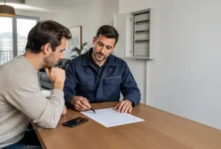 Un particulier vérifie un devis avec un électricien professionnel devant un tableau électrique dans un appartement.